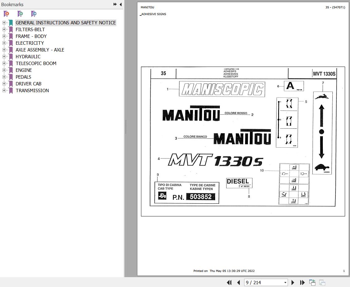 Manitou Telehandler MVT 1330 S TURBO ISRAEL MOT 1004 4T Parts Catalog 547071