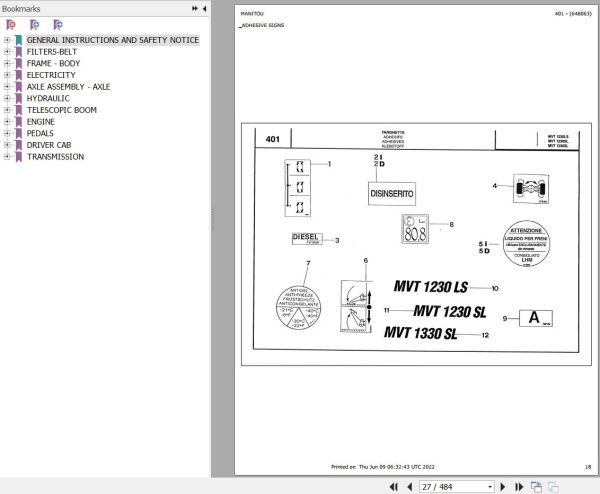 Manitou Telehandler MVT 1330 SL COMFORT LINE MOT 1004 42 Parts Catalog 648063
