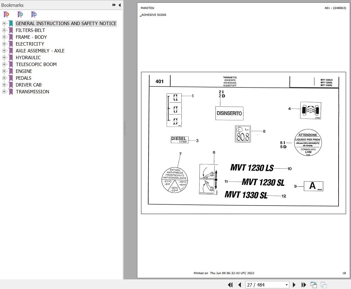 Manitou Telehandler MVT 1330 SL COMFORT LINE MOT 1004 42 Parts Catalog 648063