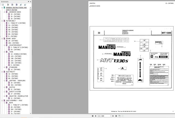 Manitou Telehandler MVT 1330S Parts Catalog 547080