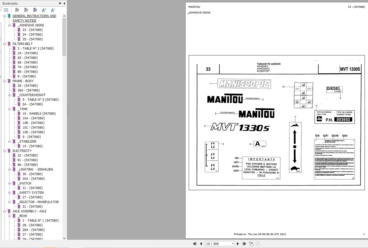 Manitou Telehandler MVT 1330S Parts Catalog 547080