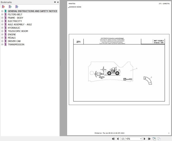 Manitou Telehandler MVT 1332 SL TURBO ORH SERIE M E2 Parts Catalog 648274