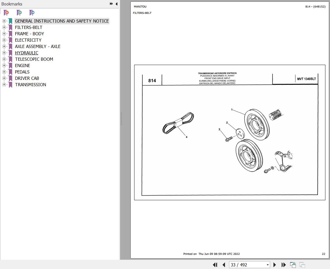 Manitou Telehandler MVT 1340 SL Parts Catalog 648152