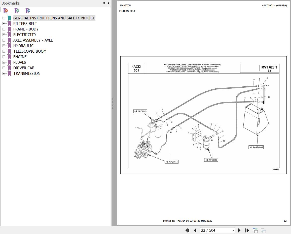 Manitou Telehandler MVT 628 TURBO MOT 1104D 44T E3 Parts Catalog 648489