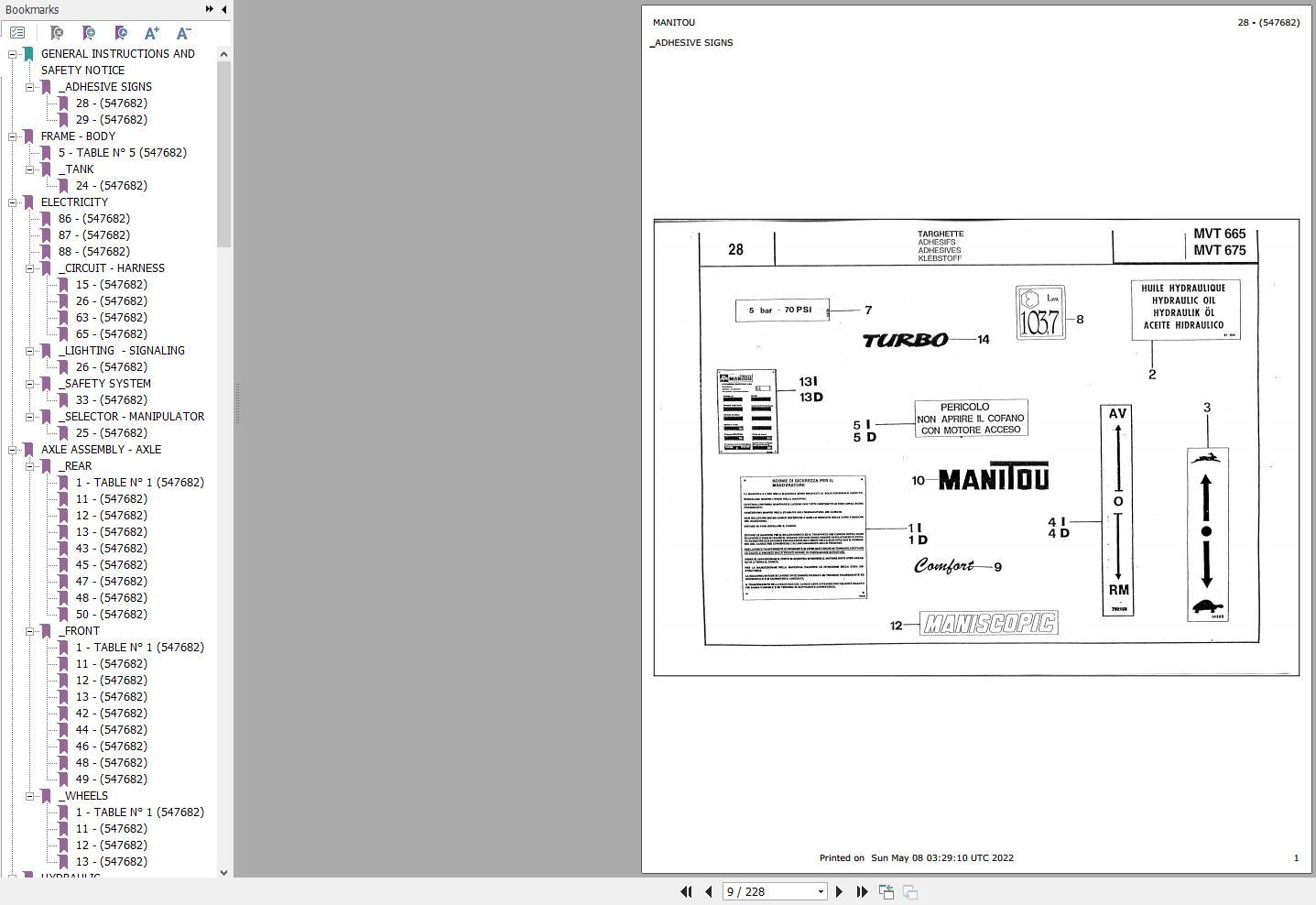 Manitou Telehandler MVT 675 MVT 665 Parts Catalog 547682