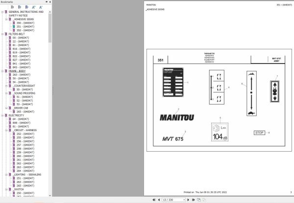 Manitou Telehandler MVT 675 T ARMY Parts Catalog 648347