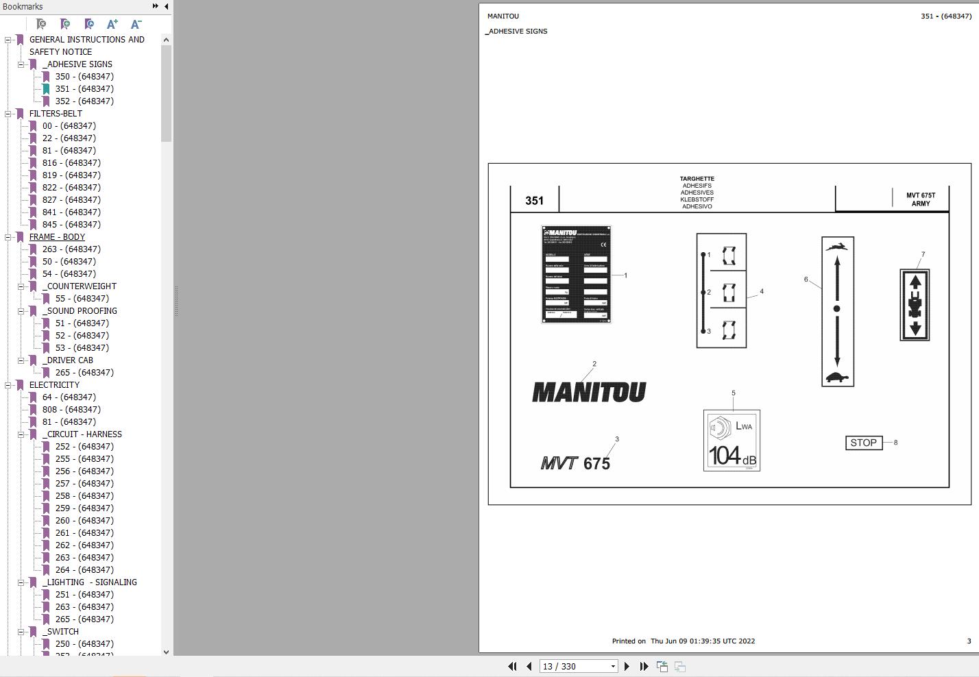 Manitou Telehandler MVT 675 T ARMY Parts Catalog 648347