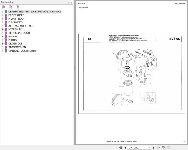 Manitou Telehandler MVT 727 MOT 1004 4 Parts Catalog 547069