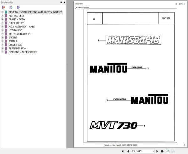 Manitou Telehandler MVT 730 MOT 1004 4 Parts Catalog 47961