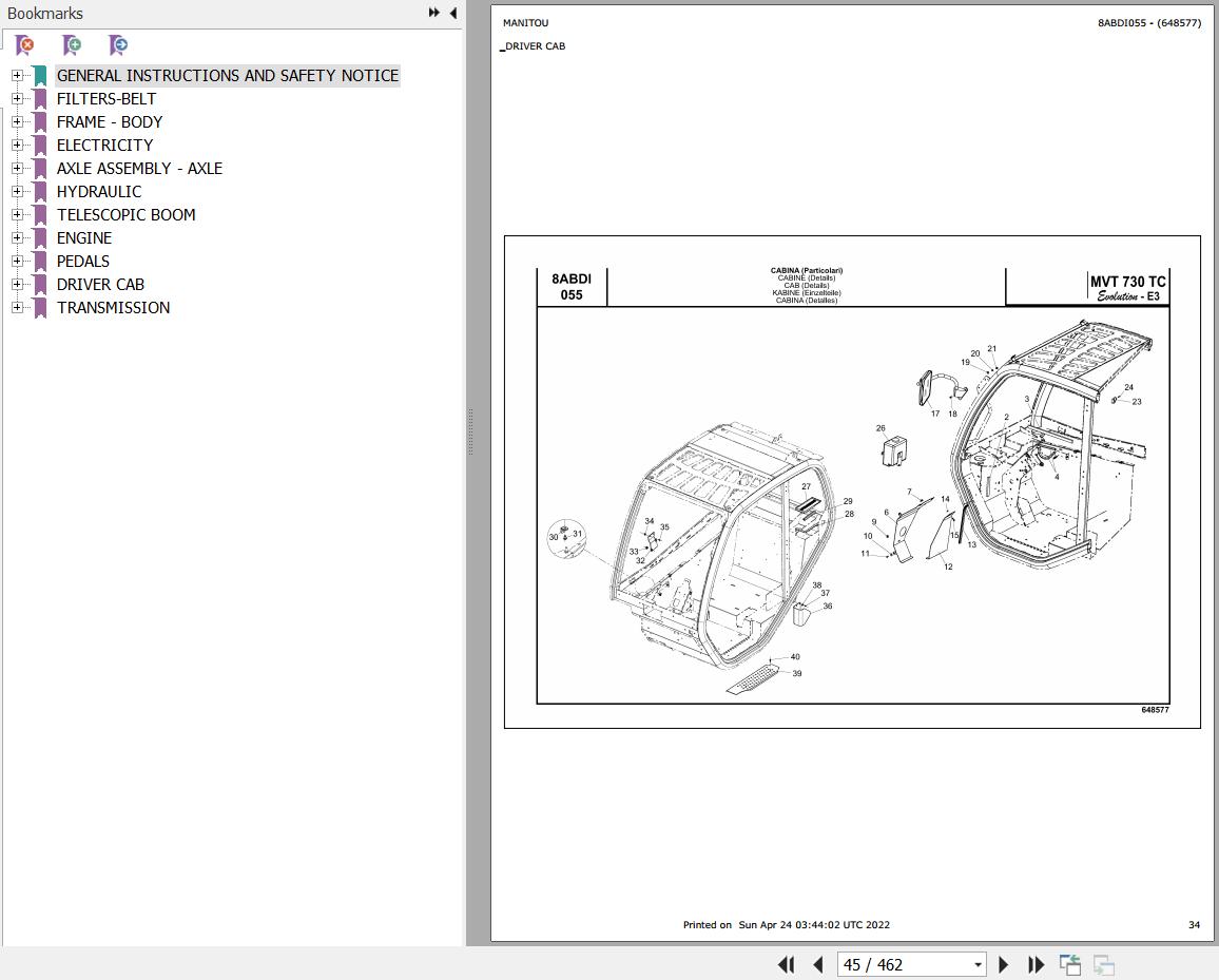 Manitou Telehandler MVT 730 TURBO COMPACT EVOLUTION E3 Parts Catalog 648577