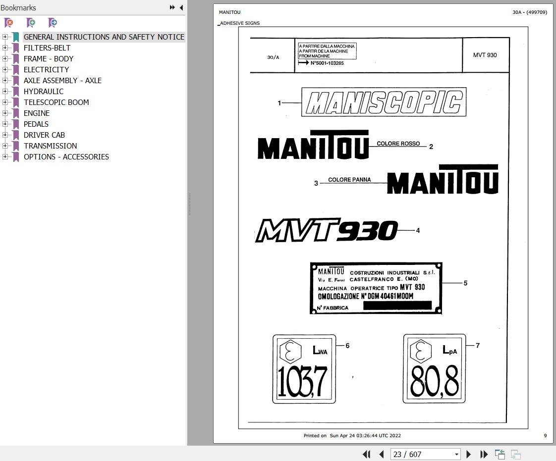 Manitou Telehandler MVT 930 Parts Catalog 499709