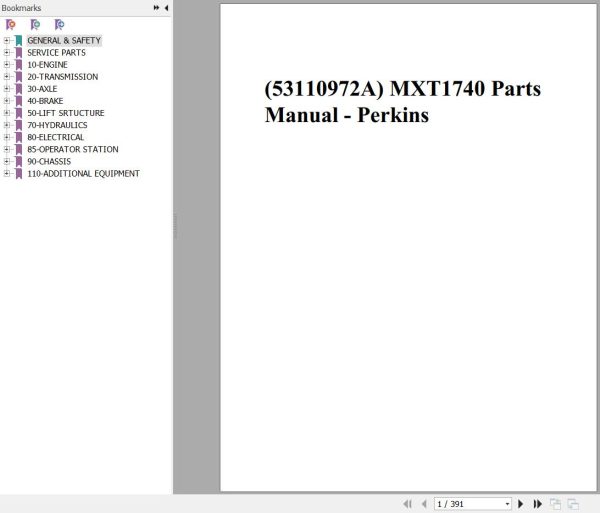 Manitou Telehandler MXT1740 Perkin Engine Parts Manual 53110972A