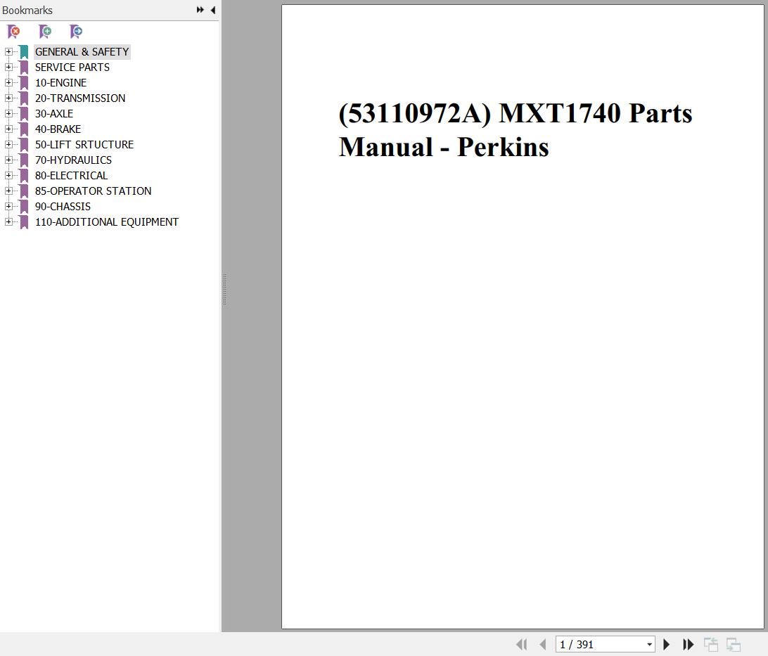 Manitou Telehandler MXT1740 Perkin Engine Parts Manual 53110972A