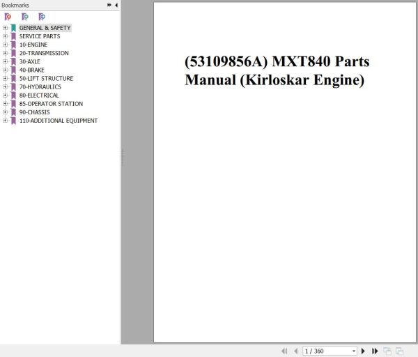 Manitou Telehandler MXT840 Kirloskar Engine Parts Manual 53109856A