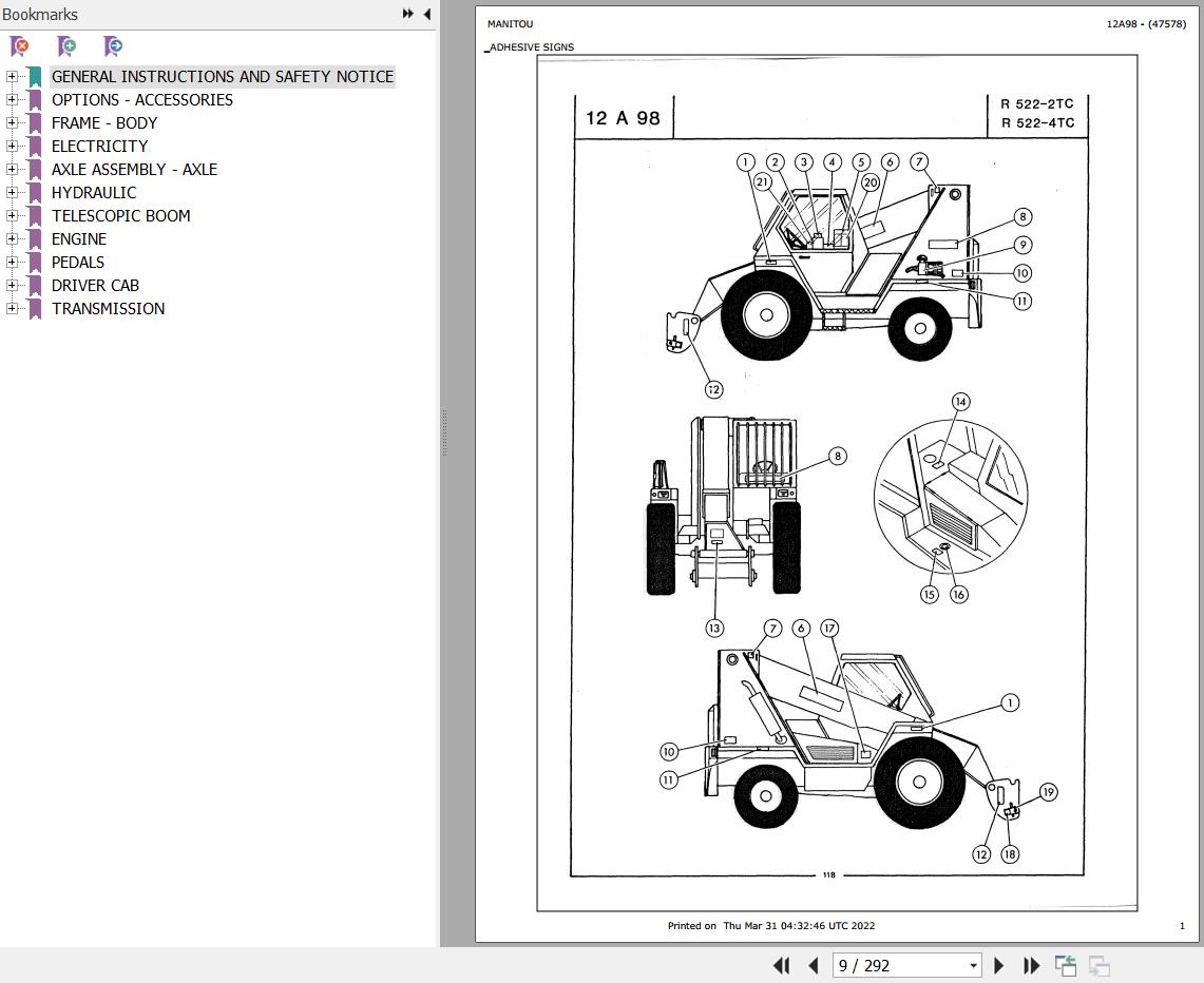 Manitou Telehandler R 522 2 522 4 TC Parts Catalog 47578