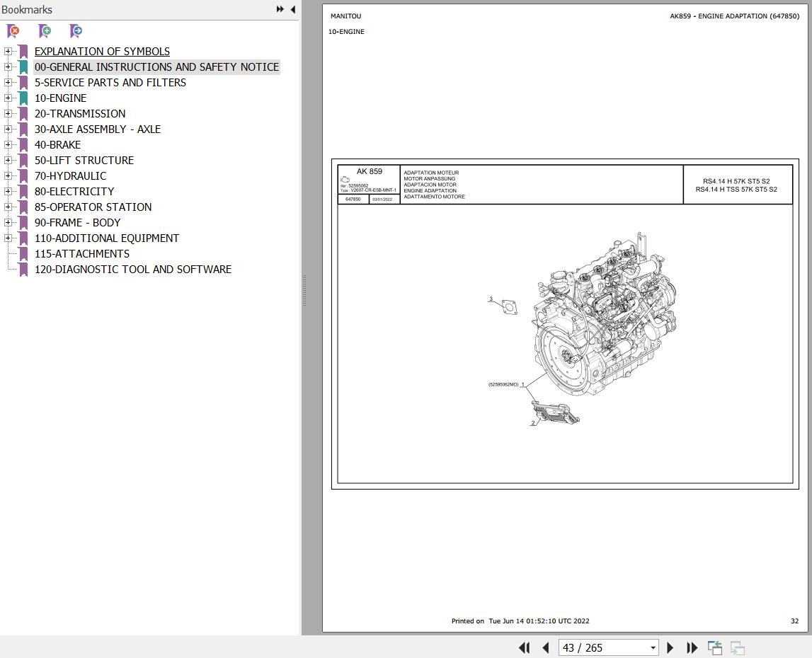 Manitou Telehandler RS4 14 H TSS 57K ST5 S2 Parts Catalog 647850