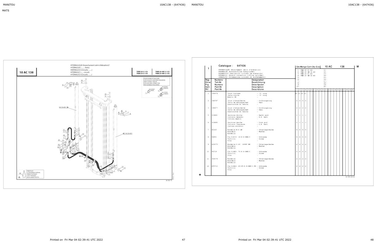 Manitou Telehandler TMM204WDKST5S1 Parts Catalog 52643840
