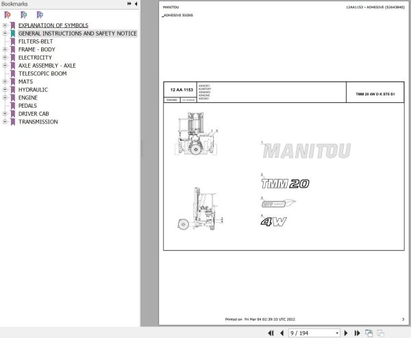 Manitou Telehandler TMM204WDKST5S1 Parts Catalog 52643840 1