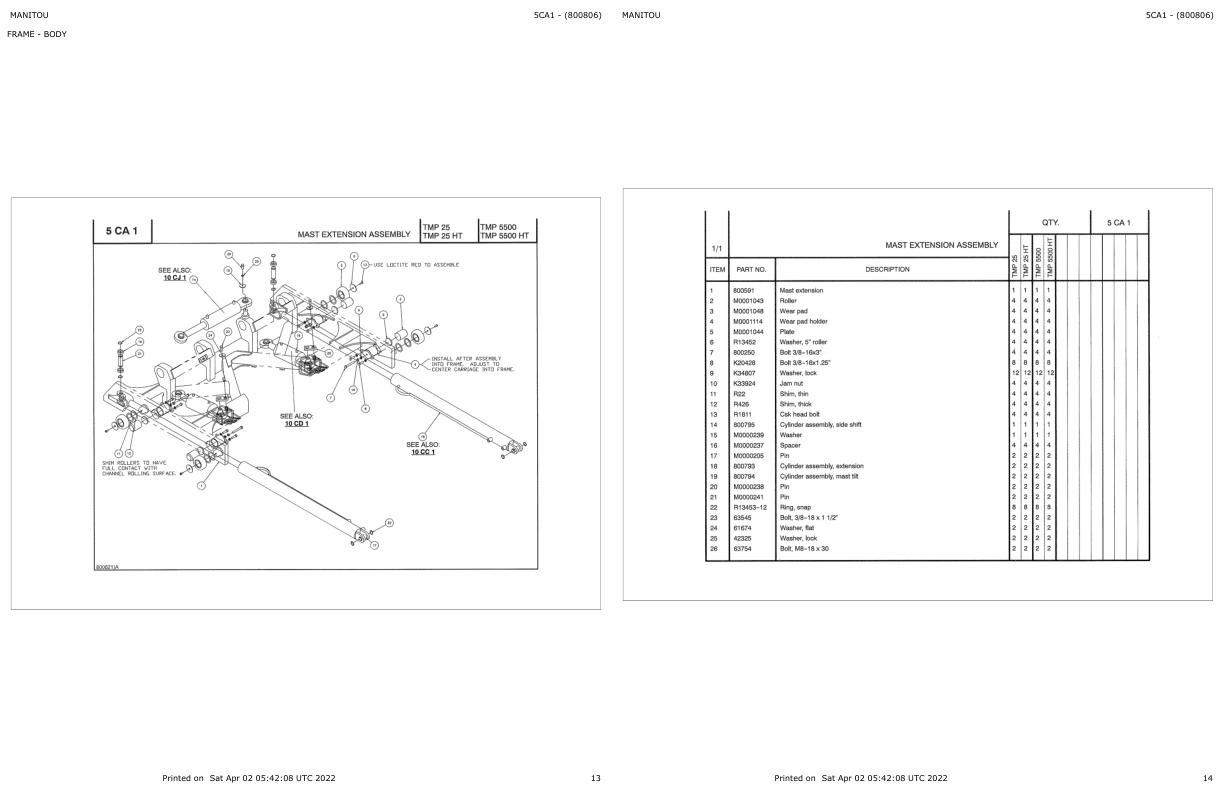 Manitou Telehandler TMP 25 HT Parts Catalog 800806
