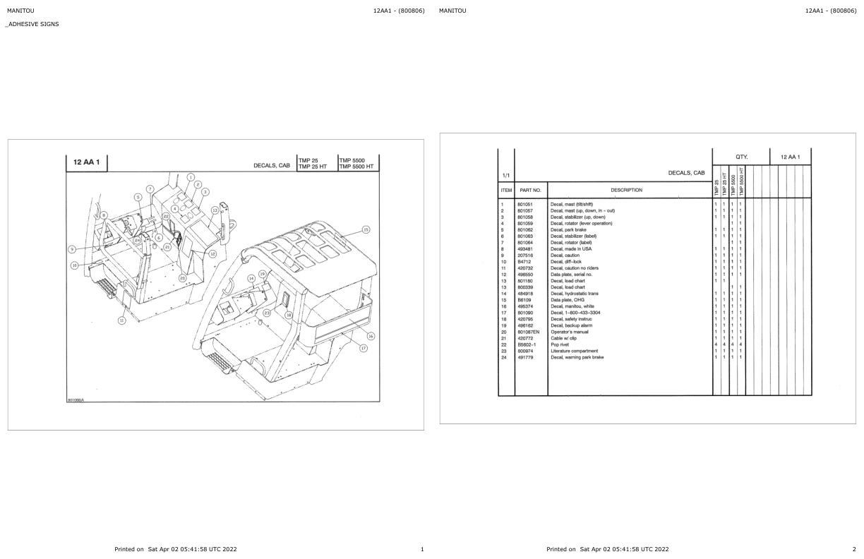 Manitou Telehandler TMP 5500 HT Parts Catalog 800806