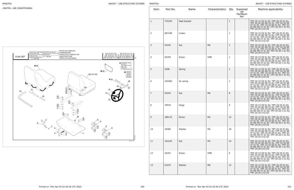Manitou Telehandler TMT 25 15 CR S1 E2 Parts Catalog 547888