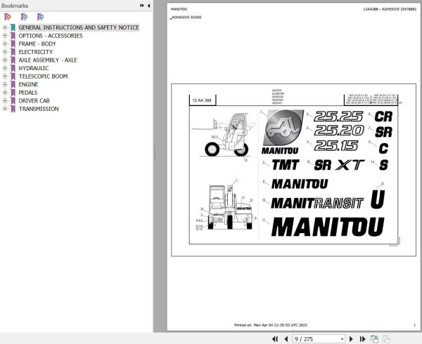 Manitou Telehandler TMT 25 15 CR S1 E2 Parts Catalog 547888 1