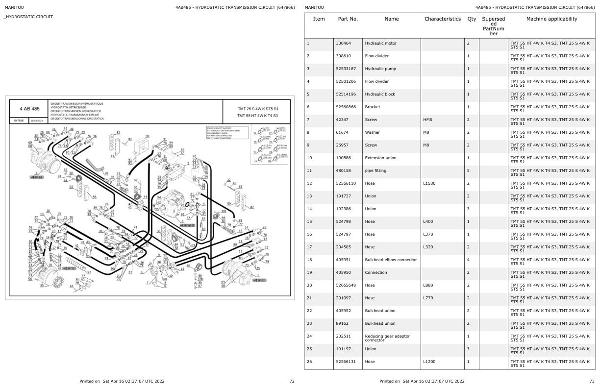 Manitou Telehandler TMT 25 S 4W K ST5 S1 Parts Catalog 647866