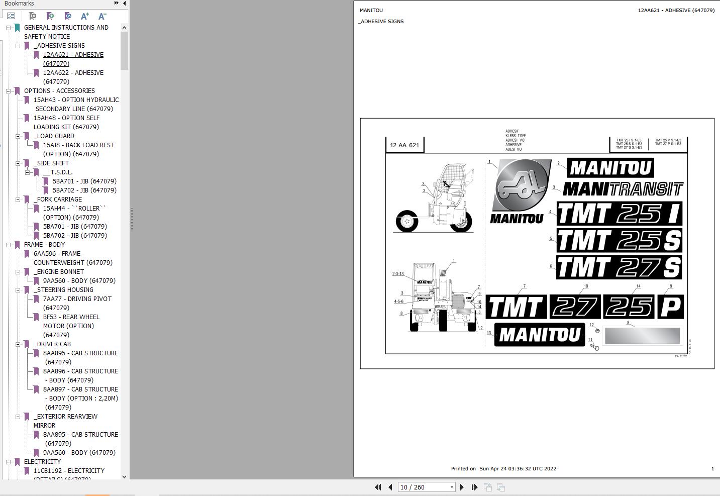 Manitou Telehandler TMT 25 S S1 E3 Parts Catalog 647079