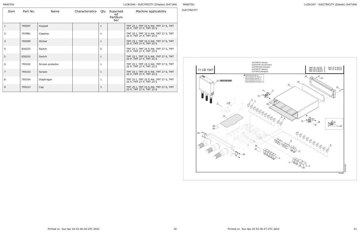 Manitou Telehandler TMT 25 S S2 E3 Parts Catalog 647186