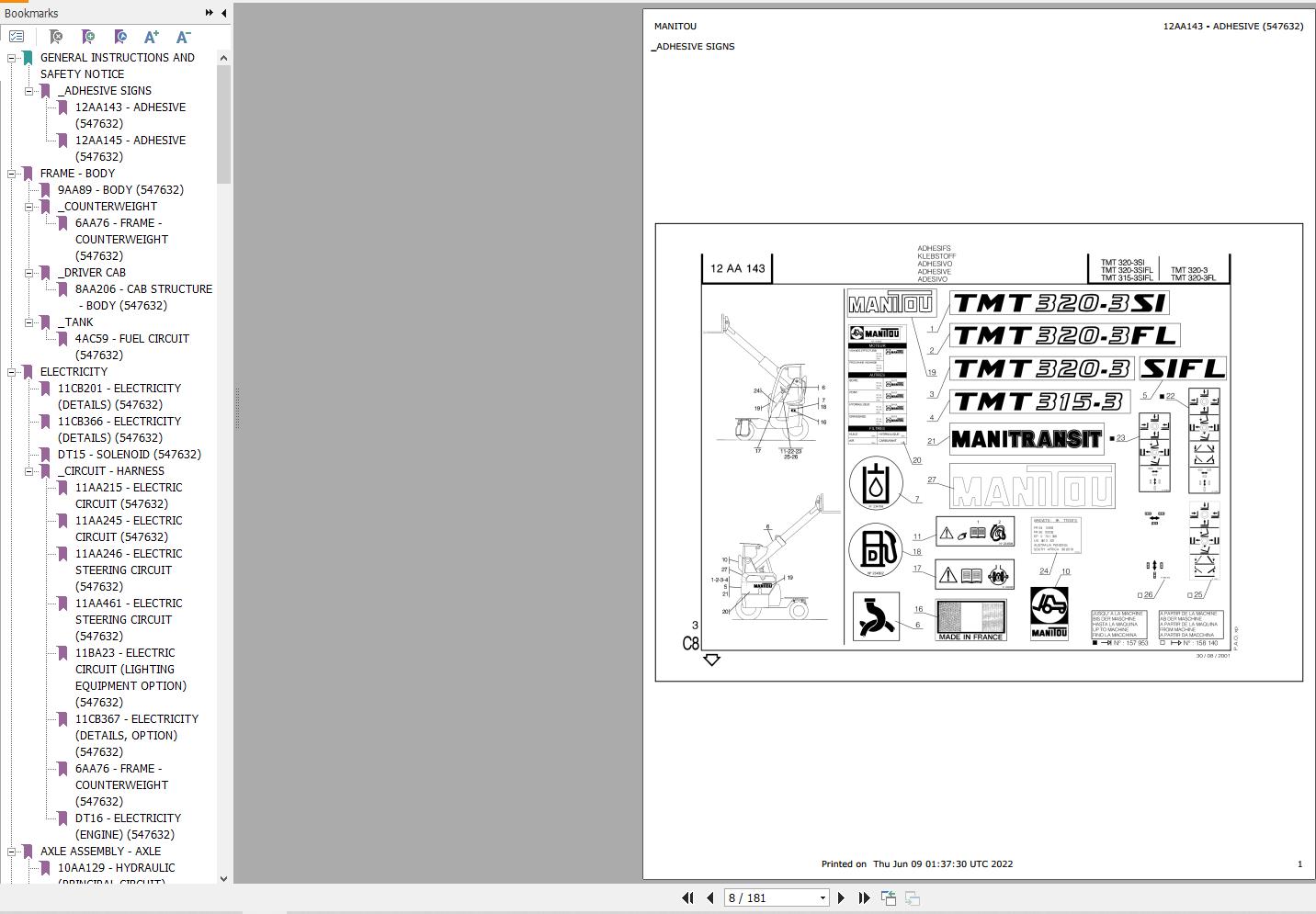 Manitou Telehandler TMT 315 3 SIFL TMT 320 3 SI FL SIFL Parts Catalog 547632