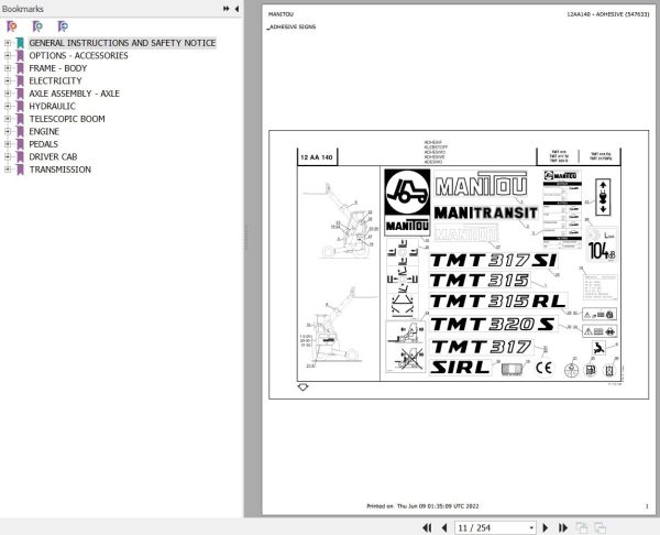 Manitou Telehandler TMT 315 Parts Catalog 547633 1