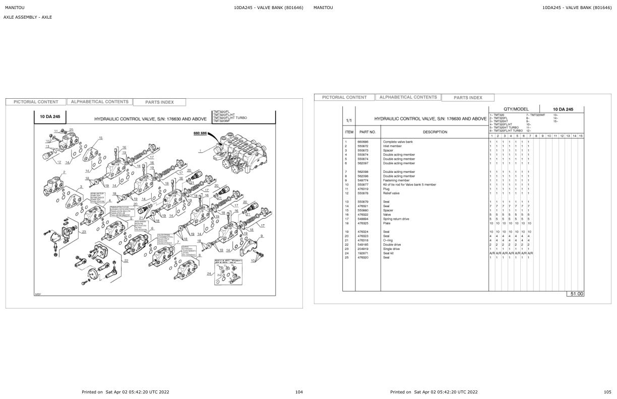 Manitou Telehandler TMT 320 FL HT Parts Catalog 801646