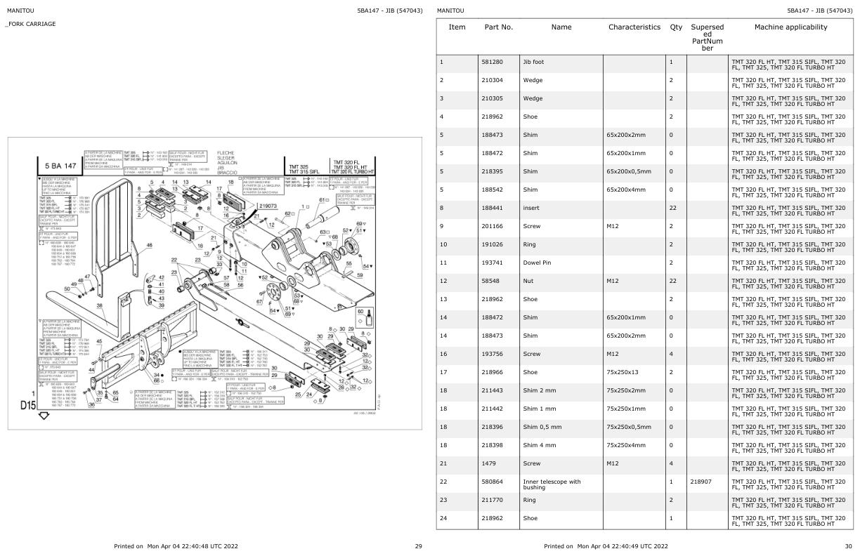 Manitou Telehandler TMT 320 FL Parts Catalog 547043