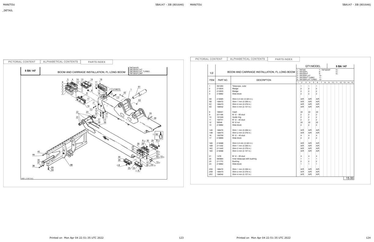 Manitou Telehandler TMT 320 HT Parts Catalog 801646