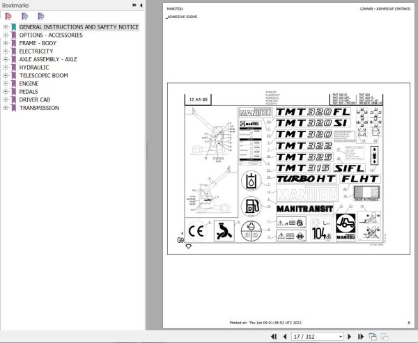 Manitou Telehandler TMT 320 Parts Catalog 547043 1