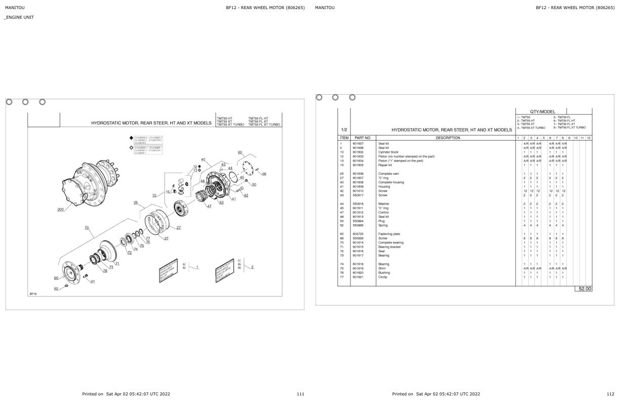 Manitou Telehandler TMT 55 FL HT Parts Catalog 806265