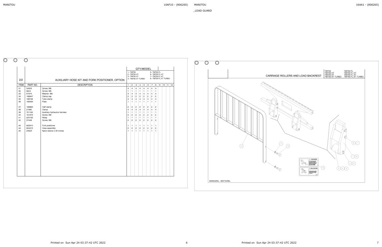Manitou Telehandler TMT 55 FL Parts Catalog 806265