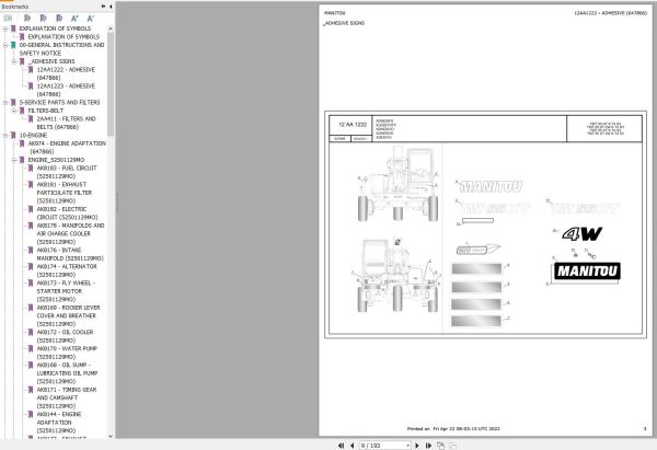 Manitou Telehandler TMT 55 HT to TMT 55 XT 4W K T4 S3 Parts Catalog 647866