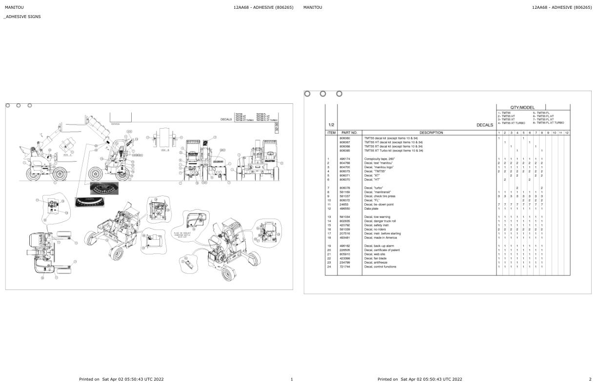 Manitou Telehandler TMT 55 XT Parts Catalog 806265