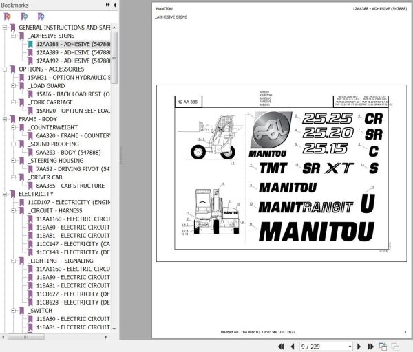 Manitou Telehandler TMT25 20SRXTS1E2 Parts Catalog 547888 1