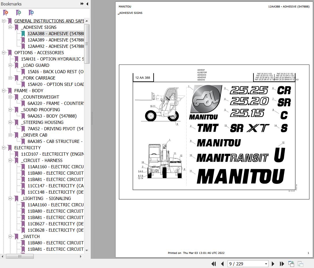 Manitou Telehandler TMT25 20SRXTS1E2 Parts Catalog 547888 1