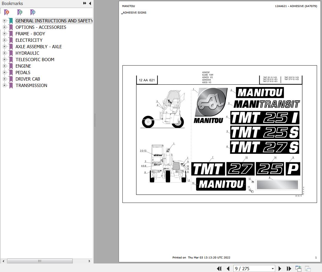 Manitou Telehandler TMT25IS1E3 Parts Catalog 647079 1