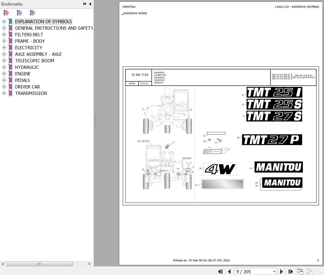 Manitou Telehandler TMT25S4WKST5S1 Parts Catalog 647866 1