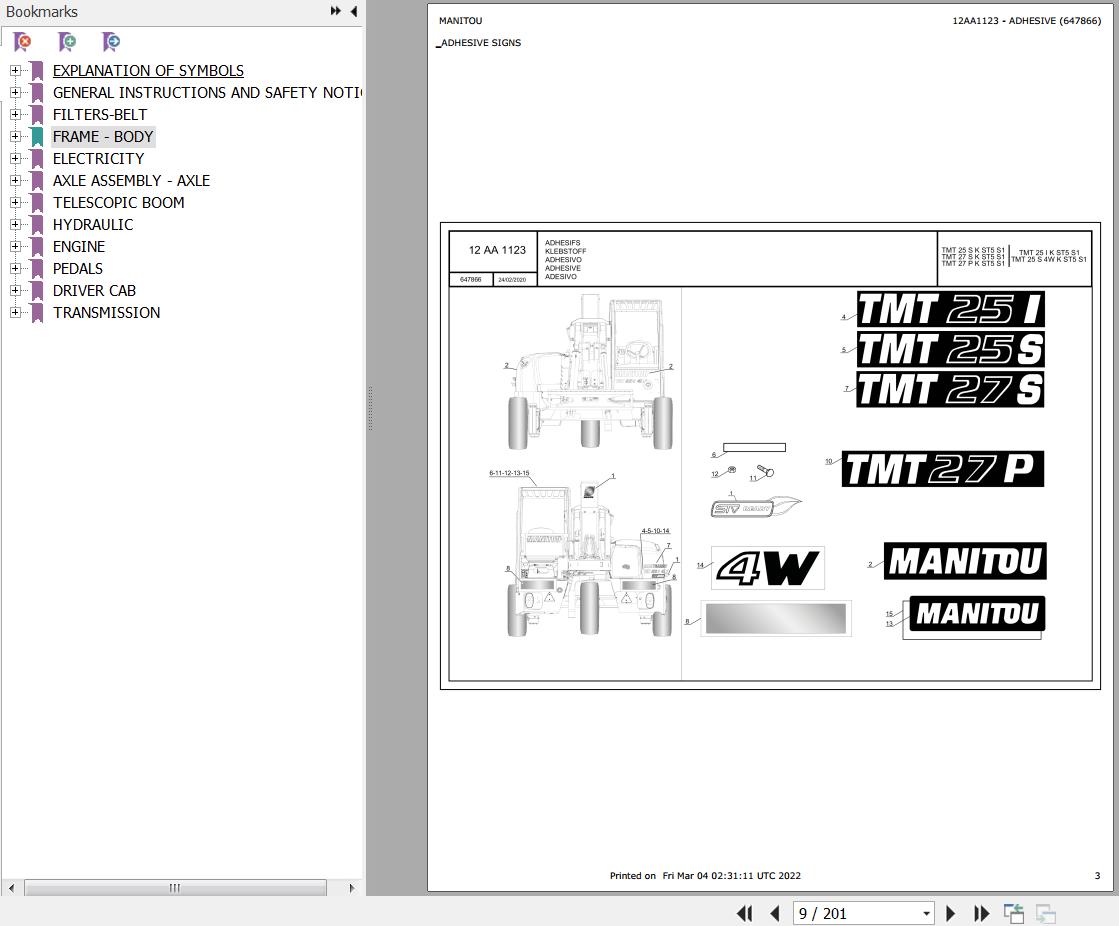 Manitou Telehandler TMT25SKST5S1 Parts Manual 647866 1