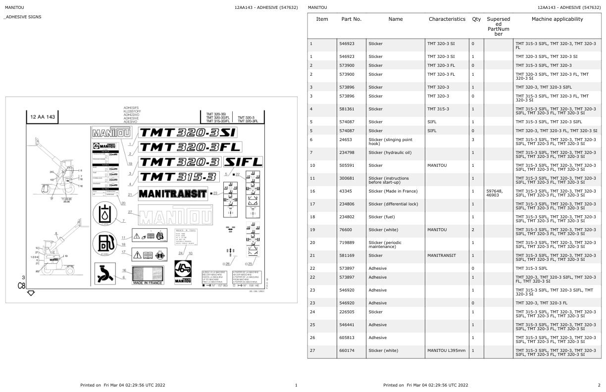 Manitou Telehandler TMT315 3 SIFL Parts Catalog 547632