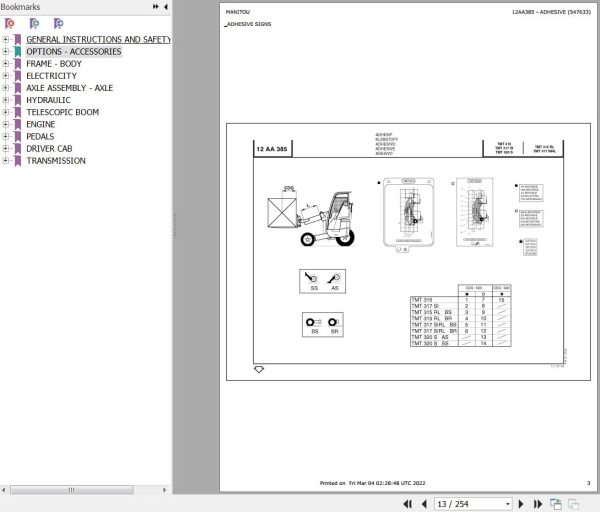 Manitou Telehandler TMT315 Parts Catalog 547633 1