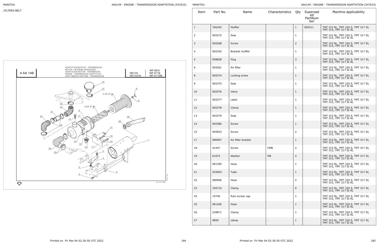 Manitou Telehandler TMT315 RL Parts Catalog 547633