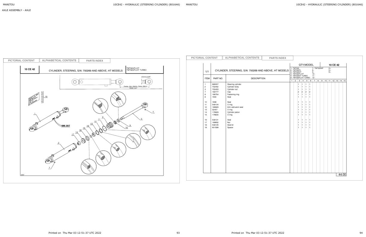 Manitou Telehandler TMT320 FL HT TURBO Parts Catalog 801646