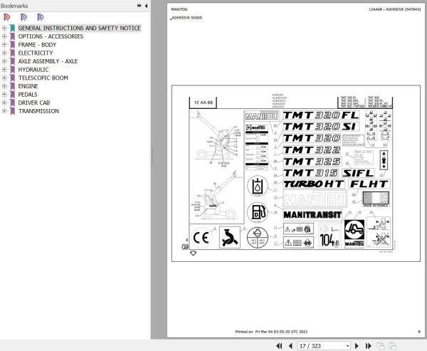 Manitou Telehandler TMT320 FL Parts Catalog 1