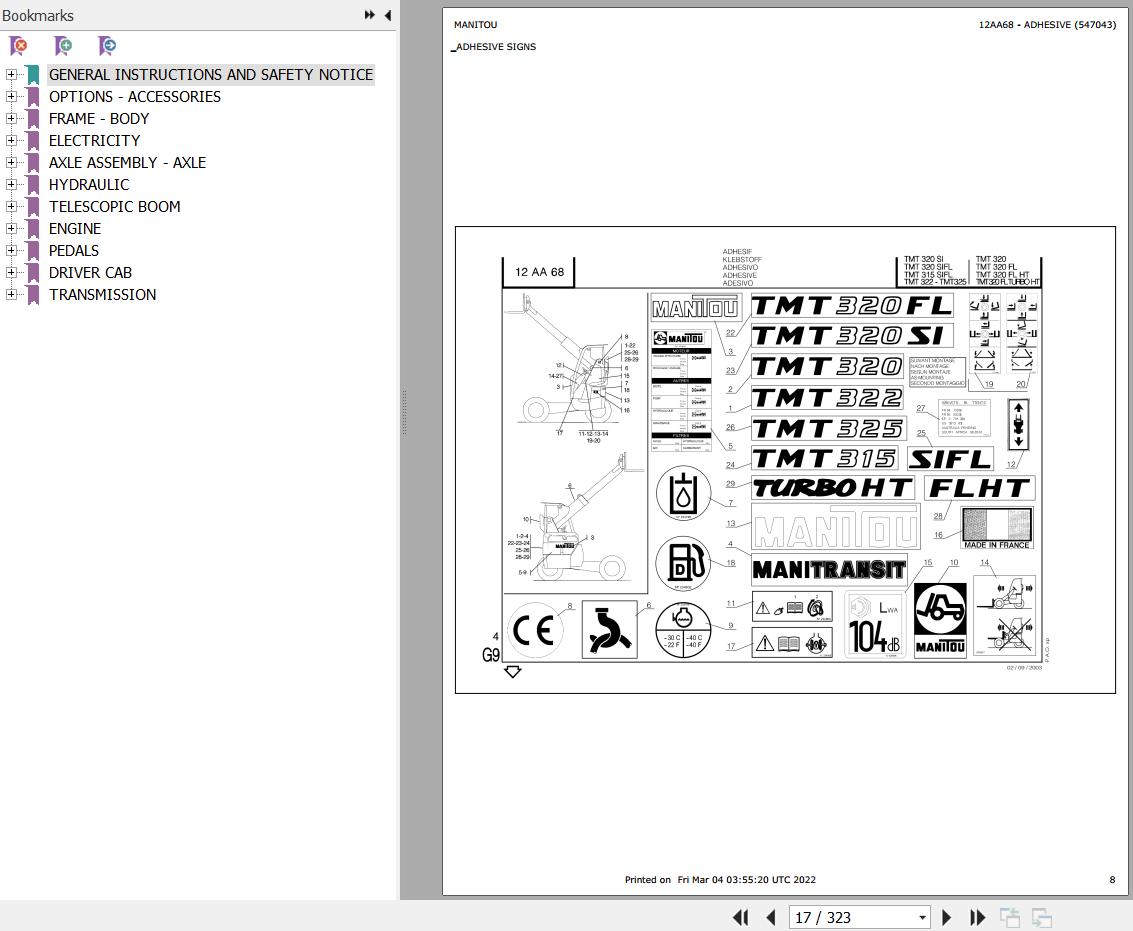 Manitou Telehandler TMT320 FL Parts Catalog 1